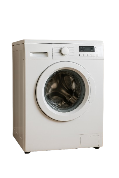 Witte tweedehands wasmachine op houten vloer.